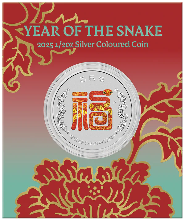 Lunar Year of the Snake Fu Prosperity 2025 1/2 Oz Silver Coloured Coin in Card Perth Mint