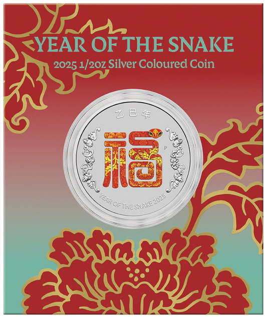 Lunar Year of the Snake Fu Prosperity 2025 1/2 Oz Silver Coloured Coin in Card Perth Mint